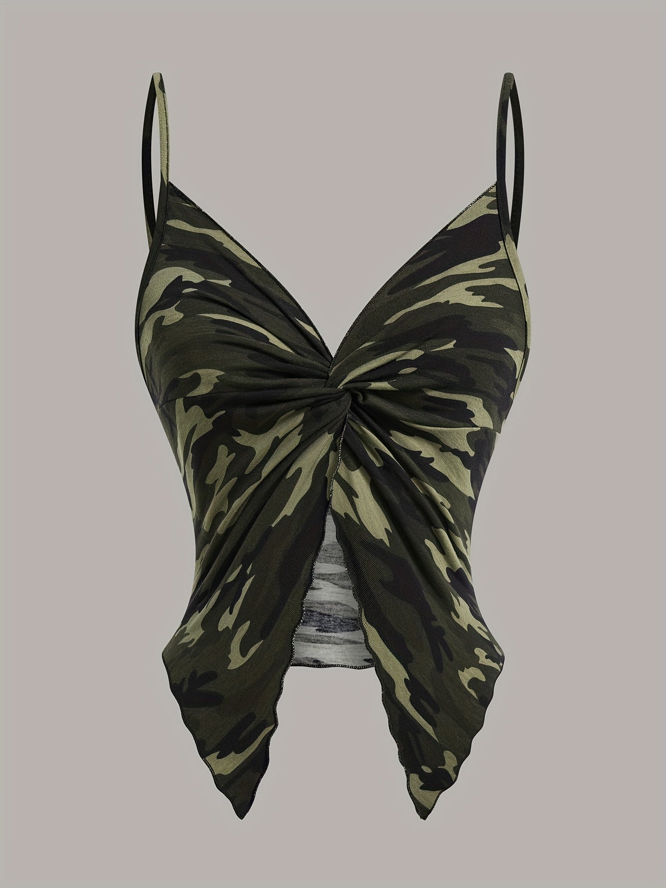 Dame camisole top med camouflageprint og tørklædekant – trendy streetwear til festivaler og natteliv