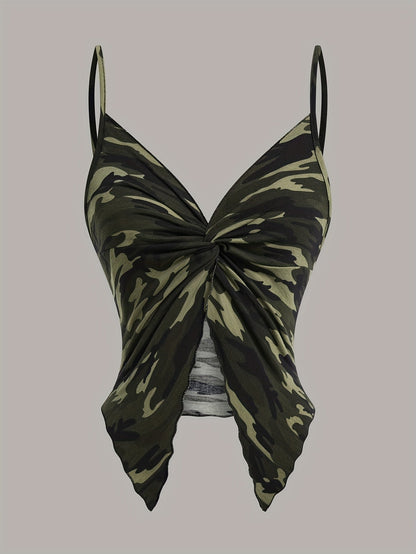Dame camisole top med camouflageprint og tørklædekant – trendy streetwear til festivaler og natteliv