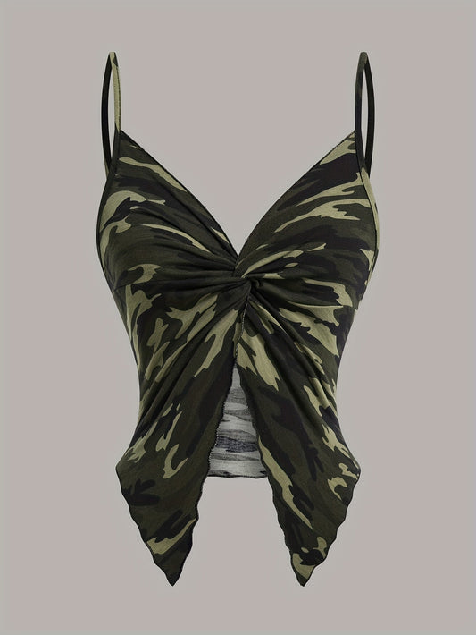 Dames camisole top met camouflageprint en puntige zoom – trendy streetwear voor festivals en het nachtleven