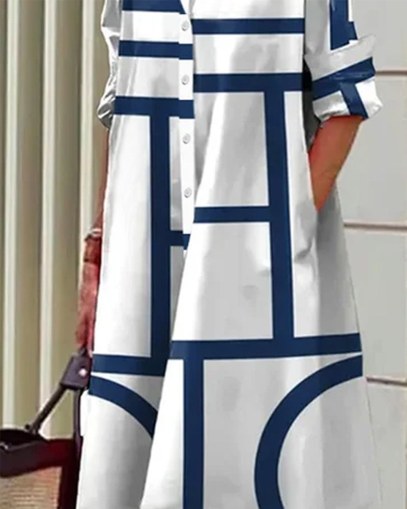Vestido camisa para mujer con estampado geométrico y bolsillos prácticos – Moderno y versátil para día a día y oficina