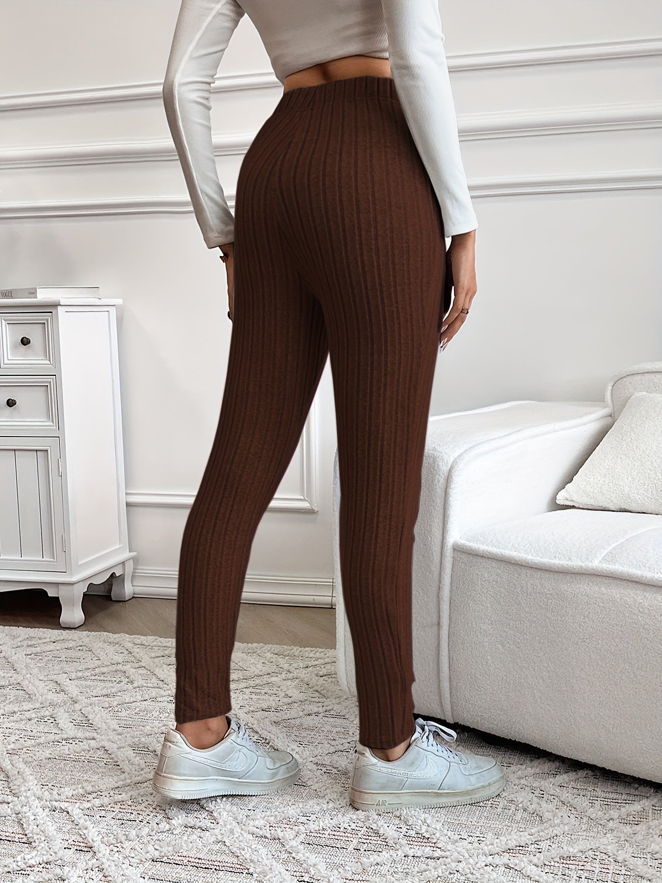 Damen Gerippte Strickhose mit Kordelzug Hoher Bund Braun
