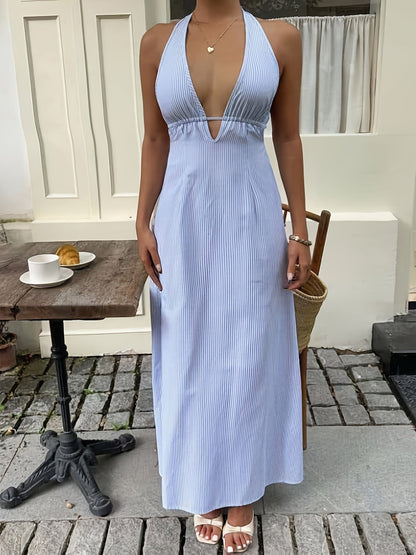 Damen Halterneck Maxikleid mit Streifen – Eleganter Sommer- und Urlaubsstil