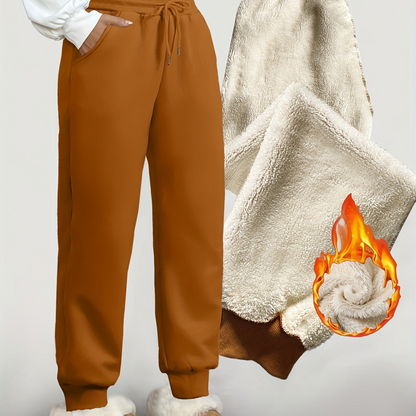 Gevoerde joggingbroek voor dames, warme vrijetijdsbroek met trekkoord