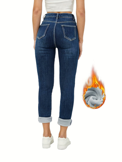 Damen Jeans Dunkelblau mit warmem Futter High Waist