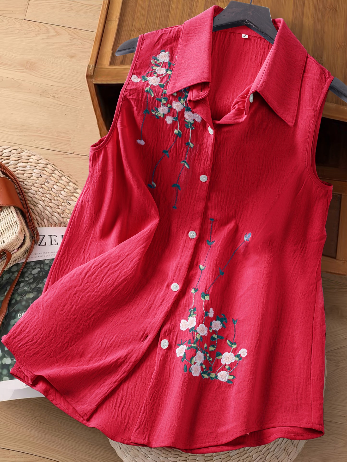 Damski top bez rękawów z kwiatową haftem – elegancki styl casualowy