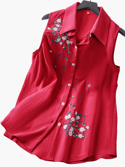 Damski top bez rękawów z kwiatową haftem – elegancki styl casualowy