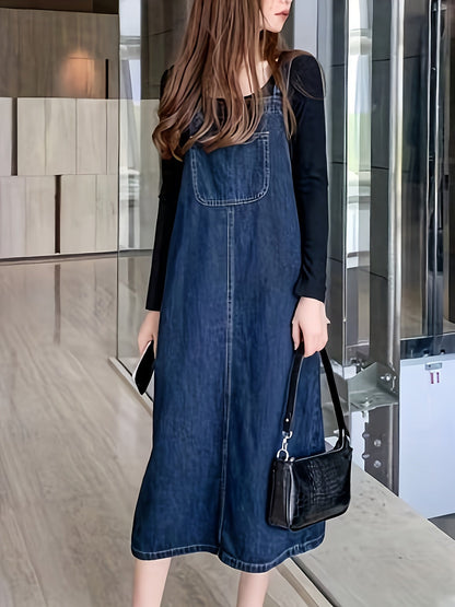 Abito jeans casual da donna con spalline e tasca frontale – Abito salopette midi per tutti i giorni e tempo libero