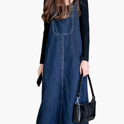 Abito jeans casual da donna con spalline e tasca frontale – Abito salopette midi per tutti i giorni e tempo libero