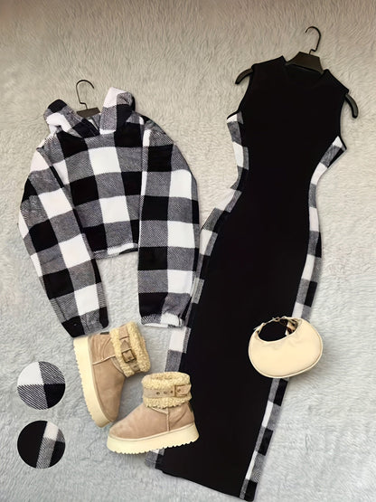 Zweiteiliges Set Damen Schwarz-Weiß Kariertes Crop Hoodie & Midi-Kleid