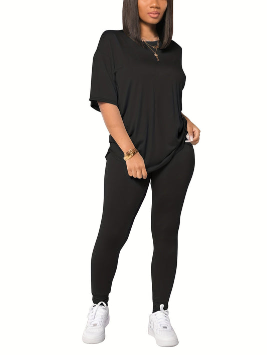 Dames Vrijetijdsset – Los T-shirt en Leggings voor Dagelijks Gebruik en Sport