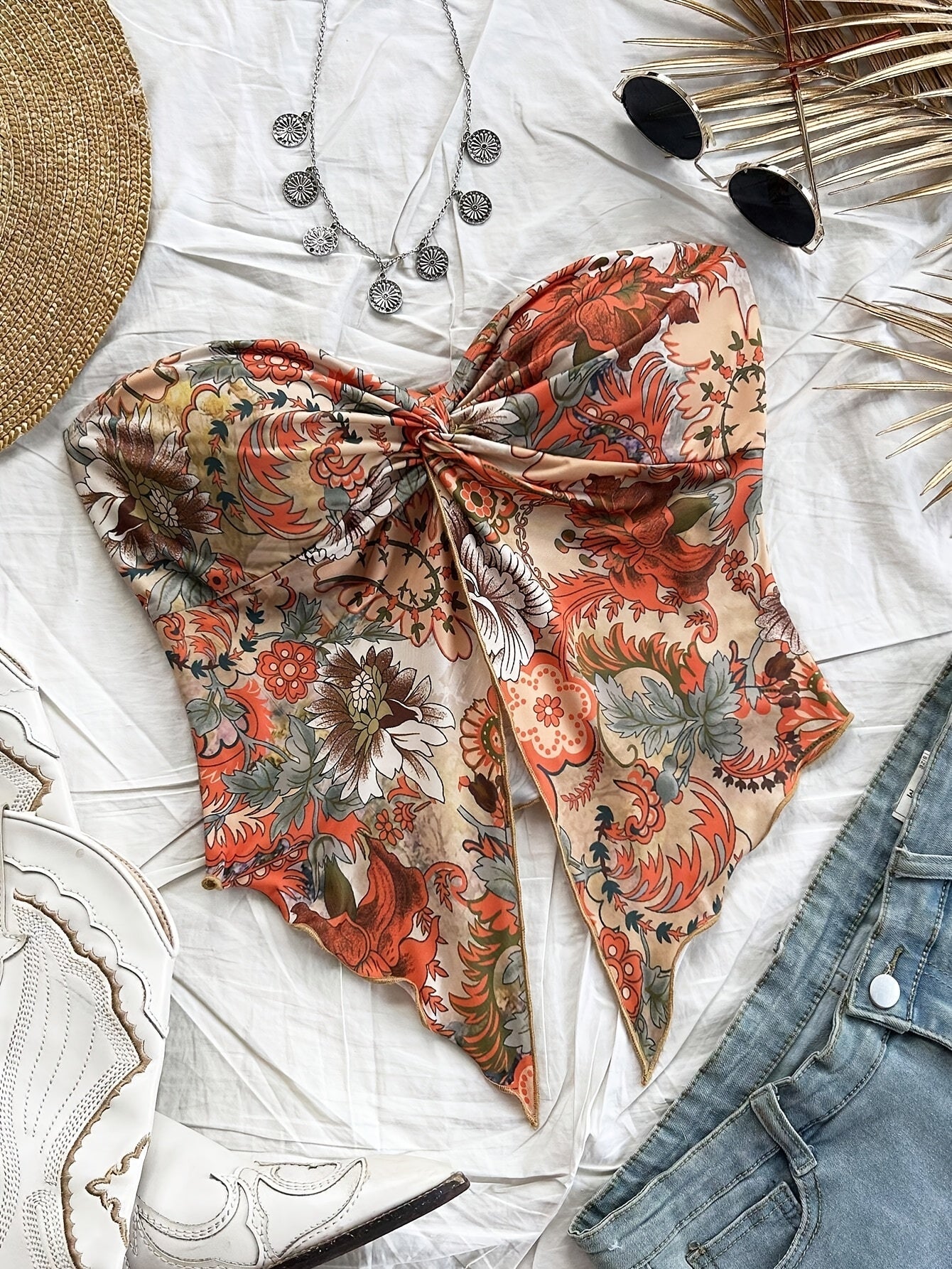 Dam Bandeau Crop Top med blommönster och knut – vintage-stil för sommar och festival