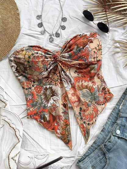 Dam Bandeau Crop Top med blommönster och knut – vintage-stil för sommar och festival