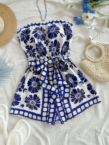 Dame bandeau-jumpsuit med blomsterprint – sommerlig heldrakt for ferie og fritid