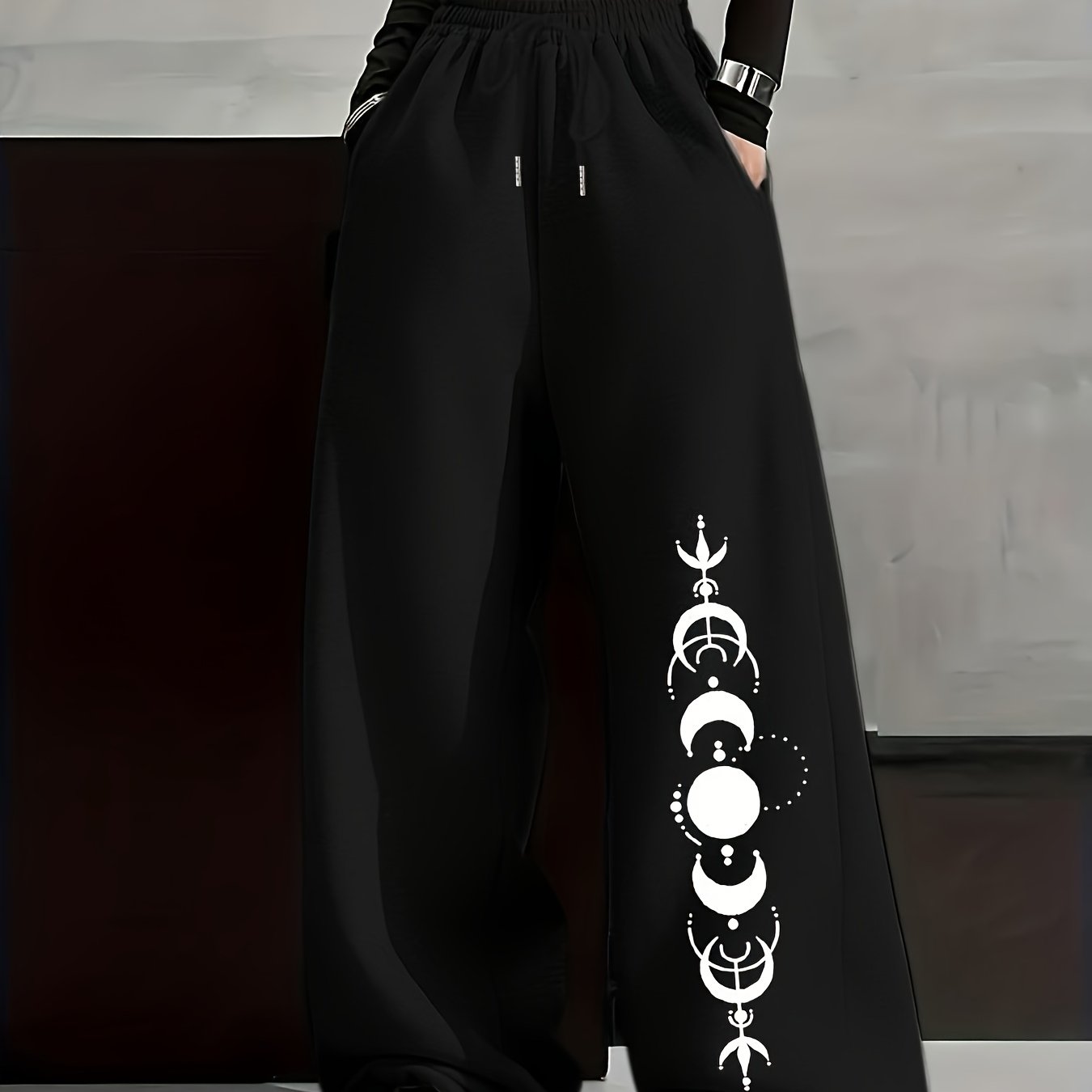 Unisex Weite Freizeithose mit Mondphasen-Muster, Elastischer Bund