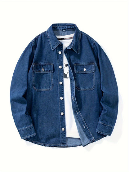 Denimoverhemd voor heren, overhemd van denim met lange mouwen en borstzakken, geschikt als tussenjas