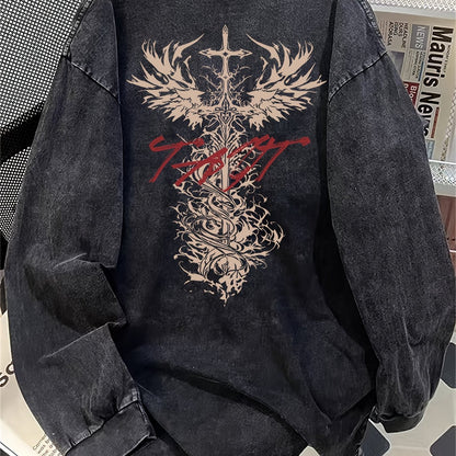 Unisex-langærmet T-shirt i sort med rygtryk af sværd og vinger i vintage-look