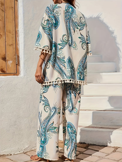 Damski zestaw boho dwuczęściowy z kimonem i szerokimi spodniami – elegancki wzór paisley na wiosnę i lato