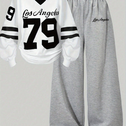Zweiteiler Loungewear Set mit "Los Angeles" Print, weißes Shirt & graue Hose