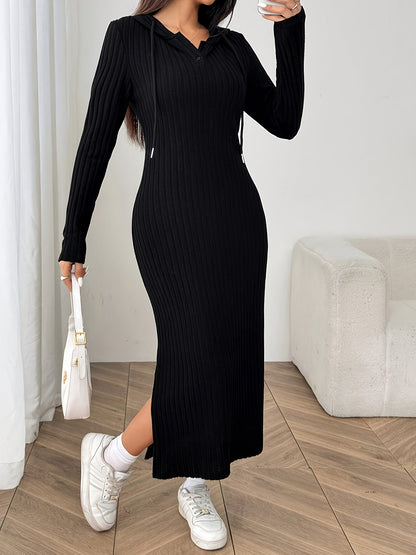 Damen Geripptes Kapuzenkleid Langarm Schwarz