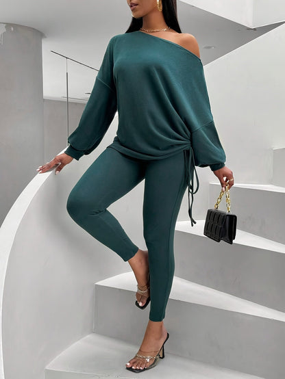 Damen Loungewear Set mit Off-Shoulder Oberteil und Leggings Dunkelgrün