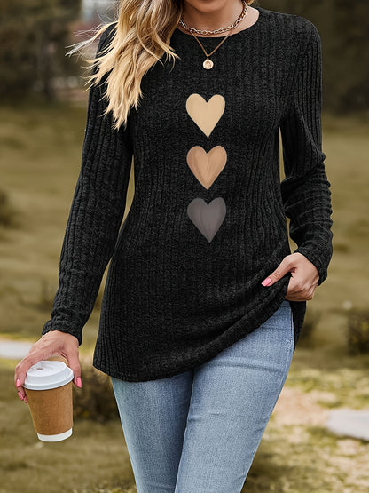 Langærmet dameshirt med rund hals og hjerteapplikation