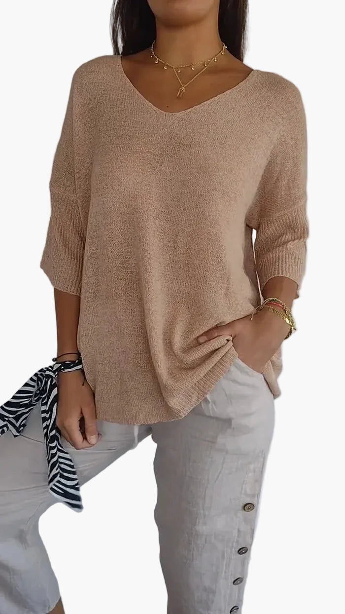 Top en maille femme avec décolleté en V – T-shirt décontracté ample pour le quotidien et les vacances