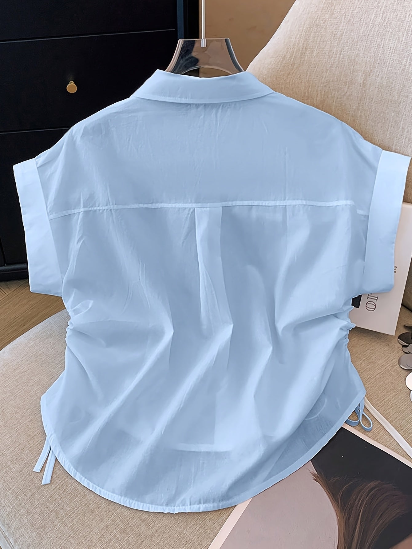 Damen Kurzarm Hemdbluse mit Kordelzug und modernem Schnitt – Business & Freizeit