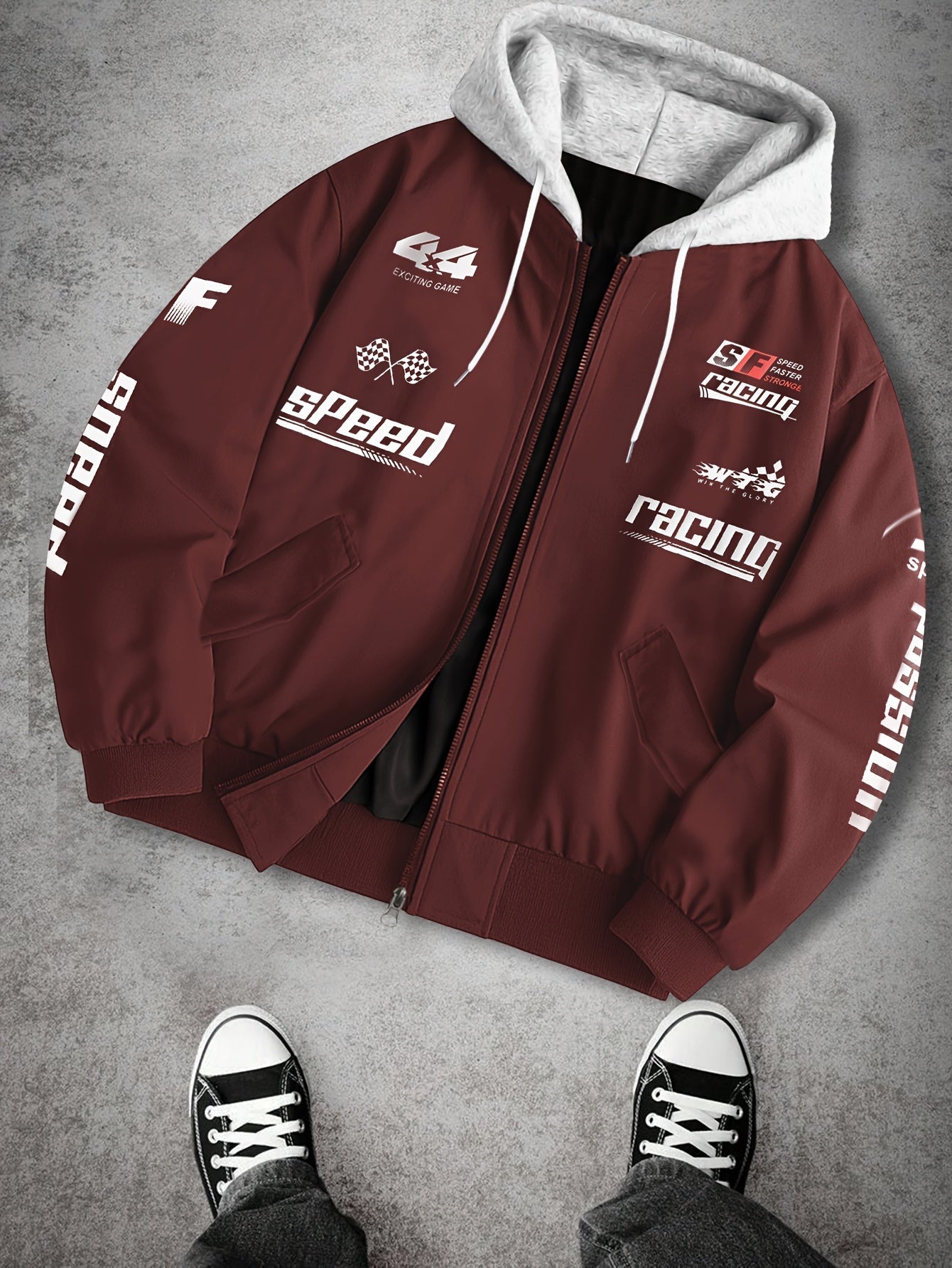 Herren Bomberjacke mit Kapuze Racing Aufdruck Sportlich Freizeit