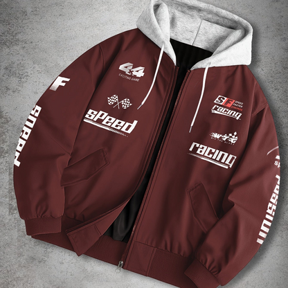Herren Bomberjacke mit Kapuze Racing Aufdruck Sportlich Freizeit