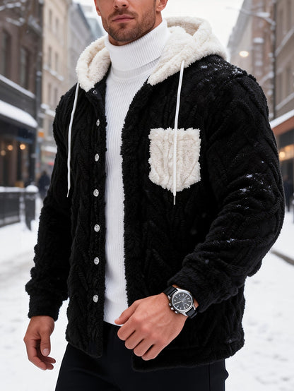 Giacca da uomo in peluche con cappuccio, chiusura con bottoni, effetto teddy
