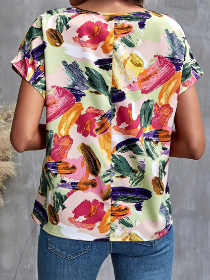 Dames top met korte mouwen en artistieke print – Elegante zomerse look voor dagelijks gebruik en vrije tijd