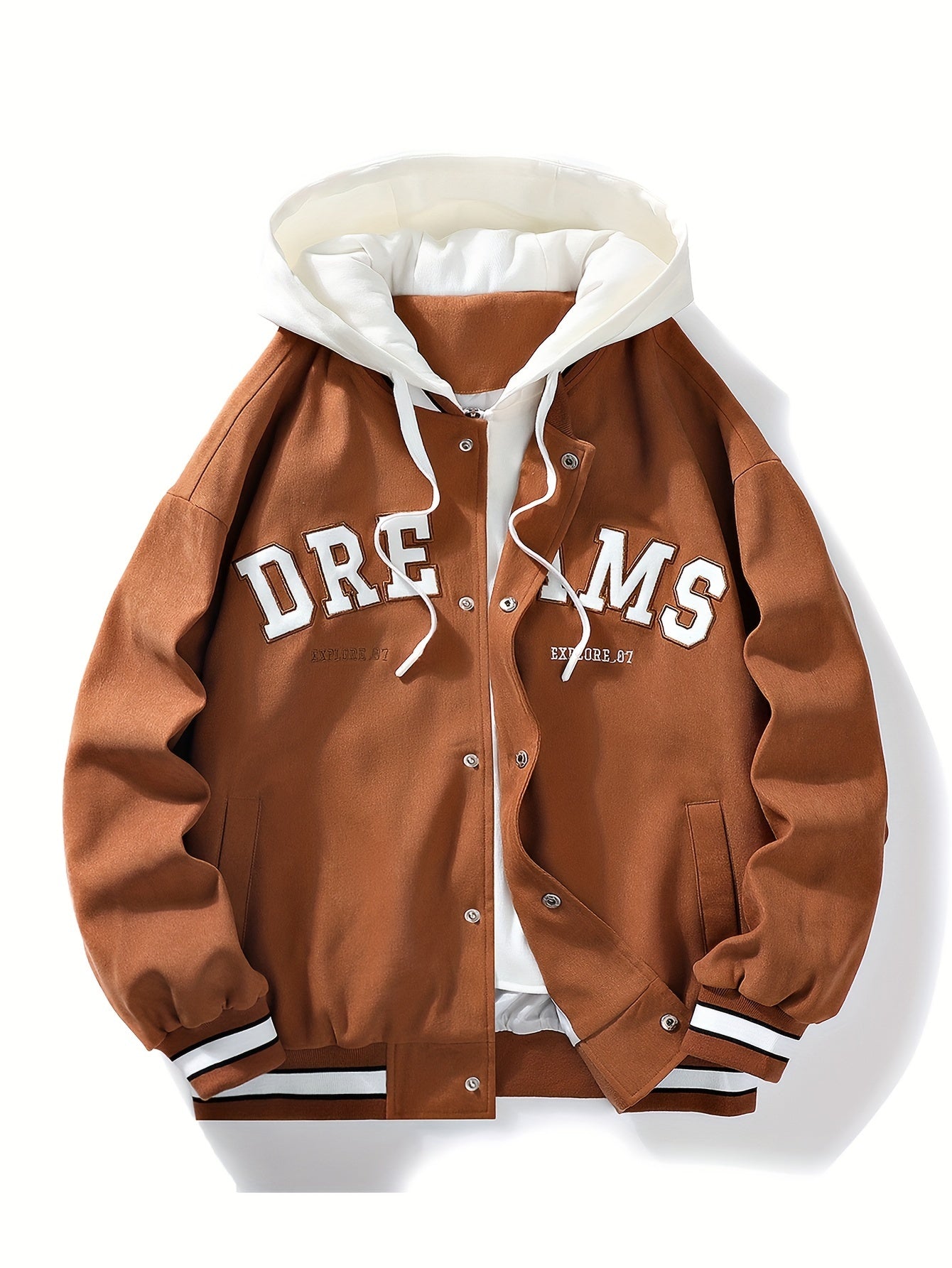 Giacca college da baseball con cappuccio, chiusura con bottoni e ricamo «DREAMS»