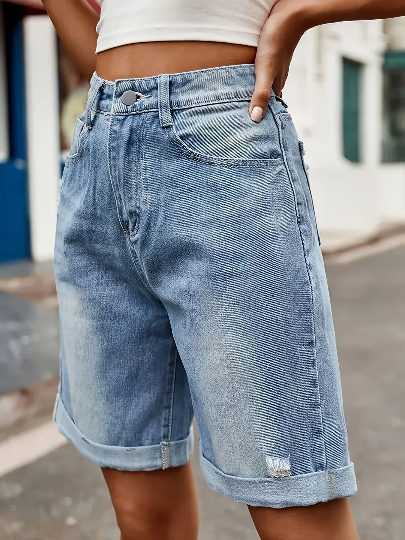 Damen Jeans Bermuda Shorts im Casual Style für Sommer – Bequeme Radhose mit Used-Look