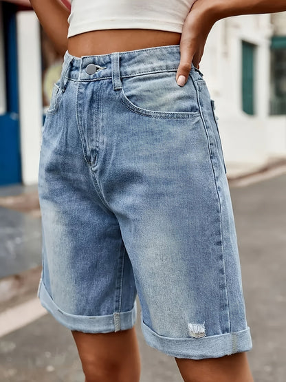 Damen Jeans Bermuda Shorts im Casual Style für Sommer – Bequeme Radhose mit Used-Look
