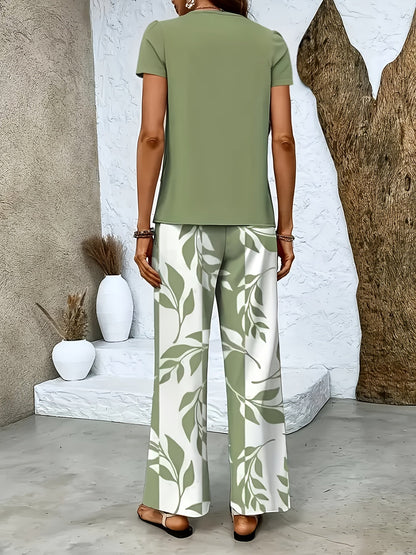 Damen Elegantes Sommer-Set mit Kurzarm-Shirt und weiter Hose, Freizeit-Outfit, Modernes Muster