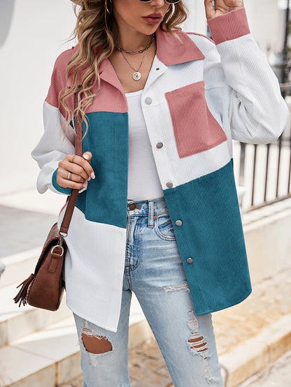 Cordhemdjacke Damen Oversized Colorblock Türkis Rosa Weiß