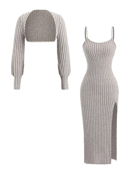 Damen Geripptes Midikleid mit Spaghettiträgern und Kurzpullover-Set