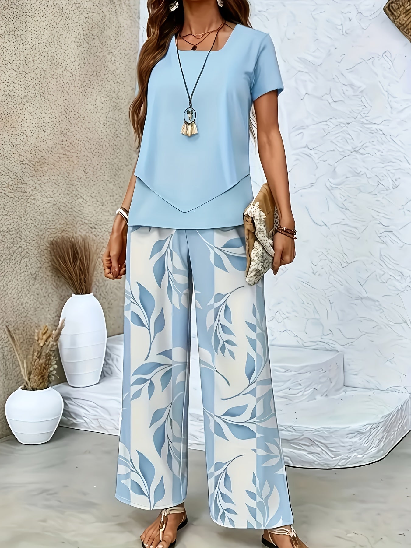 Damen Elegantes Sommer-Set mit Kurzarm-Shirt und weiter Hose, Freizeit-Outfit, Modernes Muster