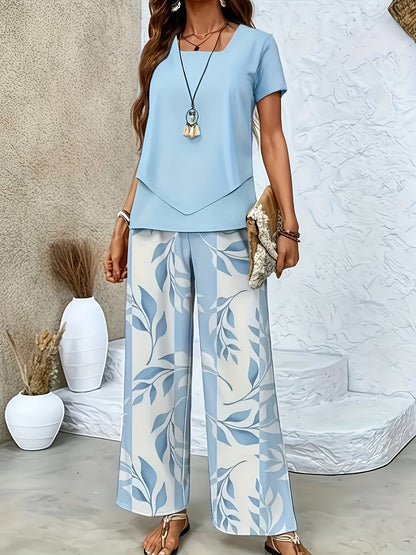 Damen Elegantes Sommer-Set mit Kurzarm-Shirt und weiter Hose, Freizeit-Outfit, Modernes Muster