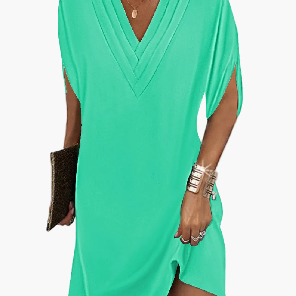 Damen Freizeitkleid mit V-Ausschnitt und Schlitzärmeln – Eleganter, lockerer Stil für Alltag und besondere Anlässe