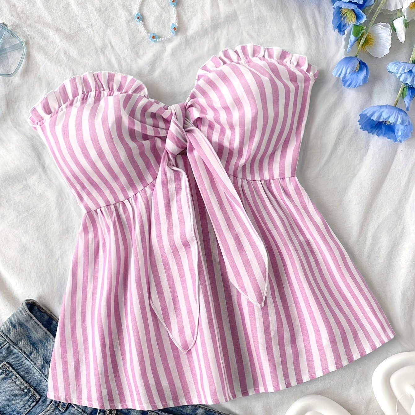 Damen Bandeau Top mit Schleifen-Detail und Streifen – Modisches Sommer Oberteil für Freizeit und Urlaub