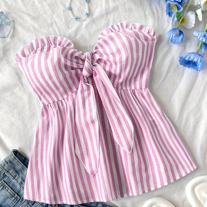 Damen Bandeau Top mit Schleifen-Detail und Streifen – Modisches Sommer Oberteil für Freizeit und Urlaub