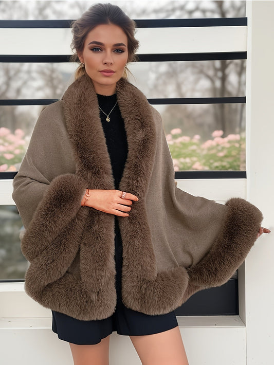 Damen Cape mit Kunstpelzbesatz - elegante Poncho Stola in verschiedenen Farben