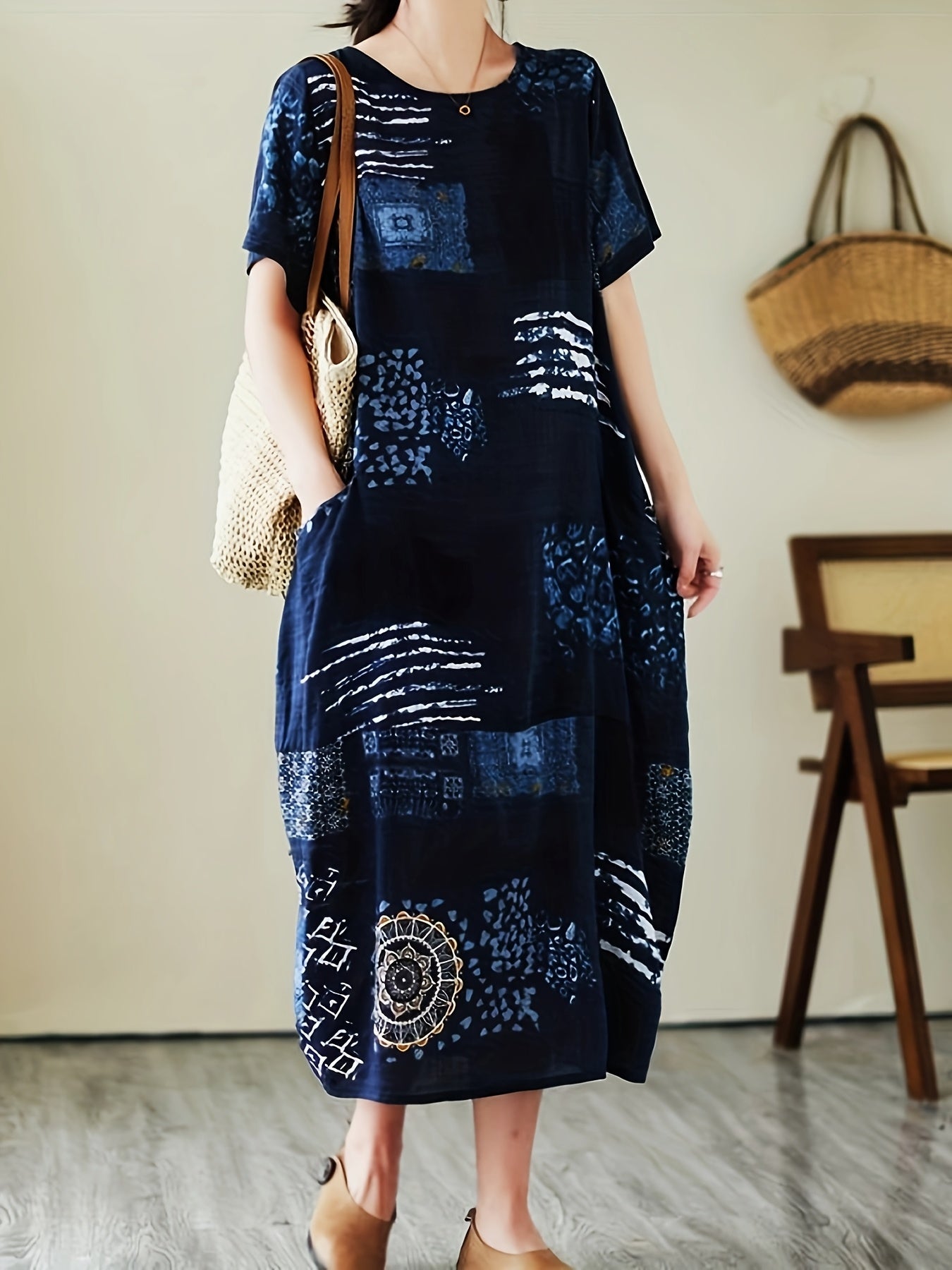 Damska sukienka casual z geometrycznym i botanicznym wzorem, oversize, z krótkim rękawem, swobodna
