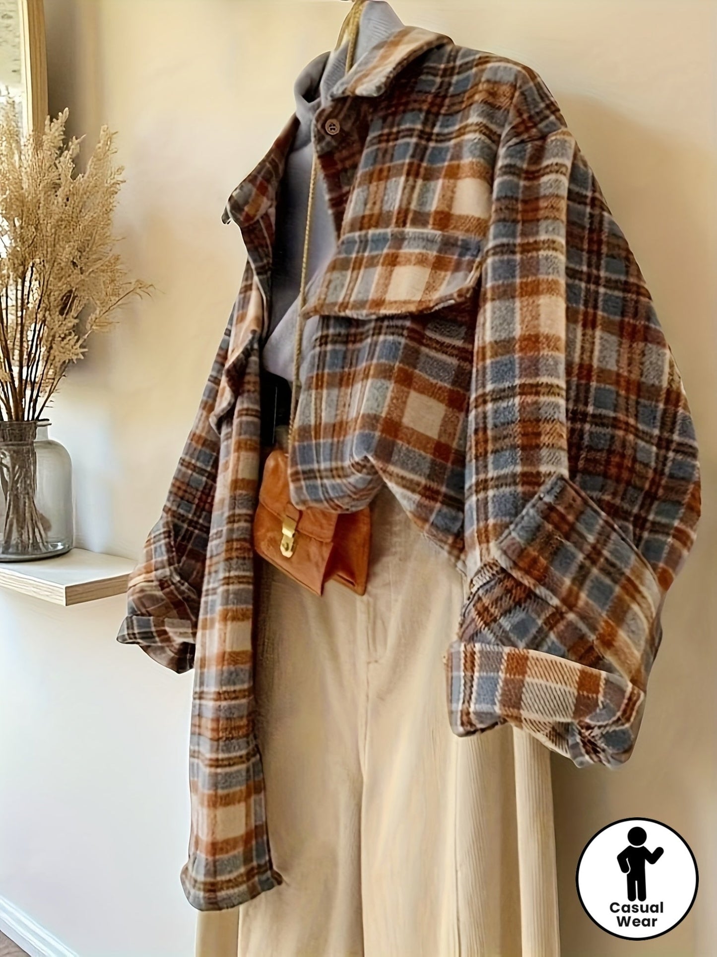 Shacket oversize da donna a quadri beige, blu e marrone