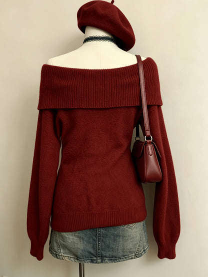 Damen Carmen-Pullover Gestrickt Off-Shoulder Grün