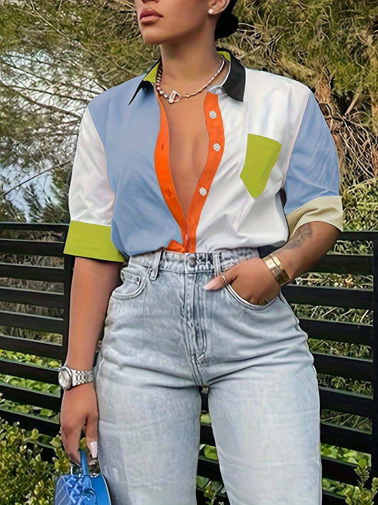Camisa moderna de bloques de color para mujer con botonadura – Blusa de moda para el día a día y el tiempo libre