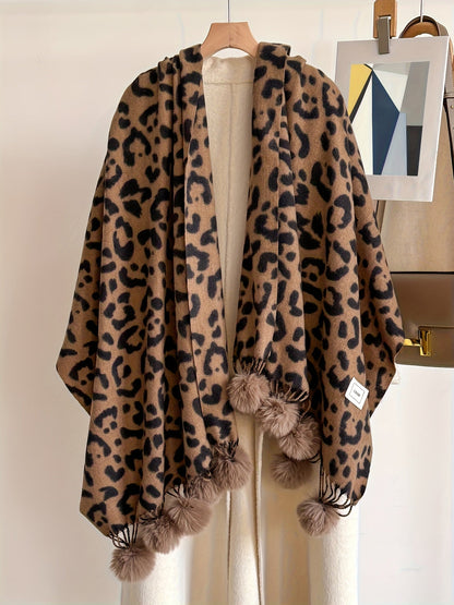 Schal mit Leopardenmuster und Pompons, weiches Material