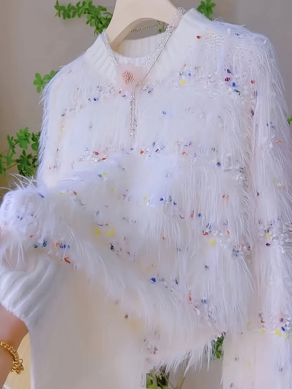 Maglione bianco da donna con frange e accenti colorati