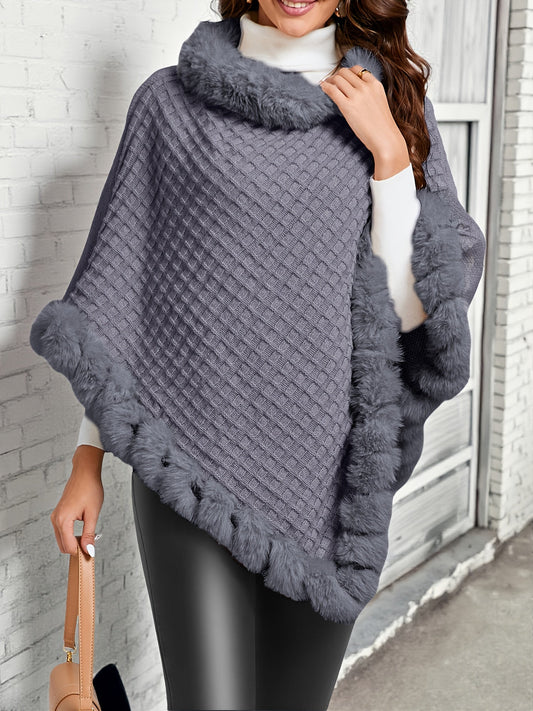 Poncho Damen Strickmuster Kunstpelzbesatz Grau